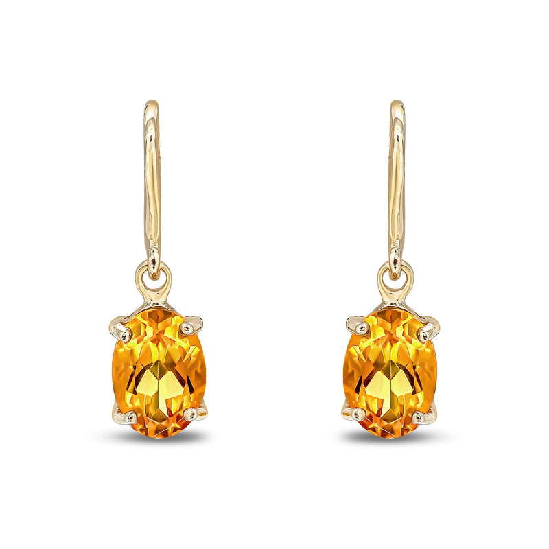 9ct Yellow Gold Oval Natural Citrine Claw Hook Wire Drop Earrings — 7x5mm