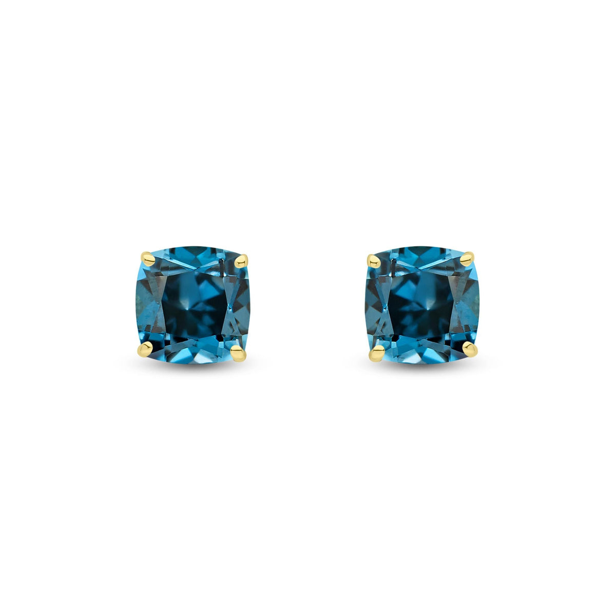 9ct Yellow Gold Cushion Natural London Blue Topaz Claw Stud Earrings — 8mm