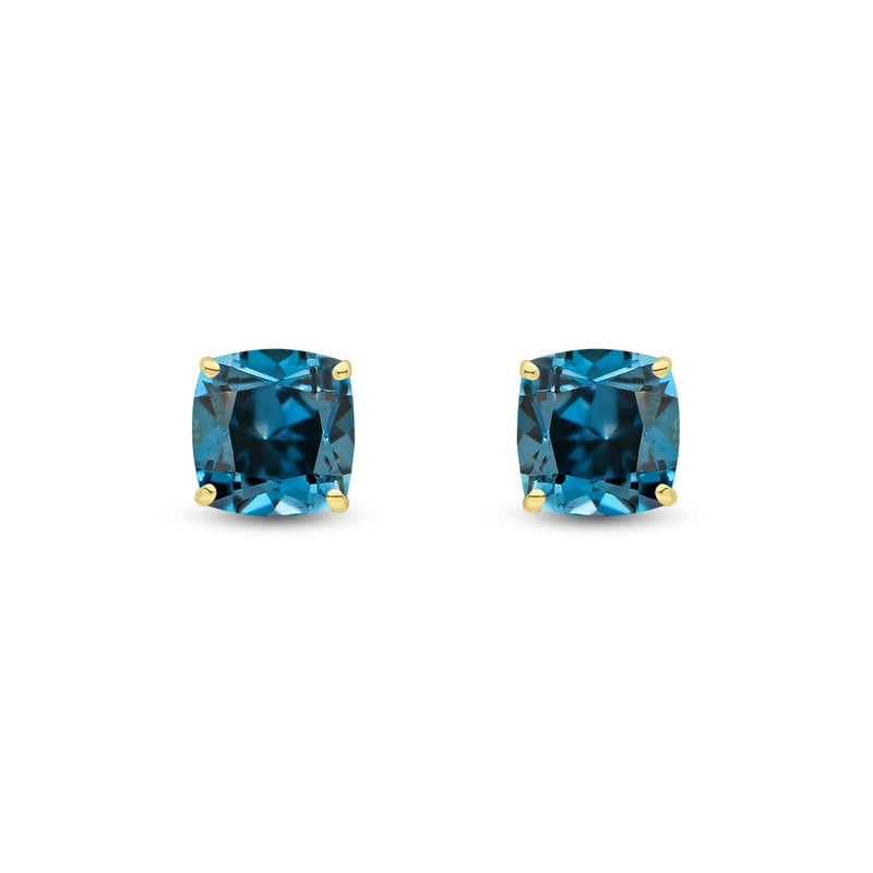 9ct Yellow Gold Cushion Natural London Blue Topaz Claw Stud Earrings — 8mm