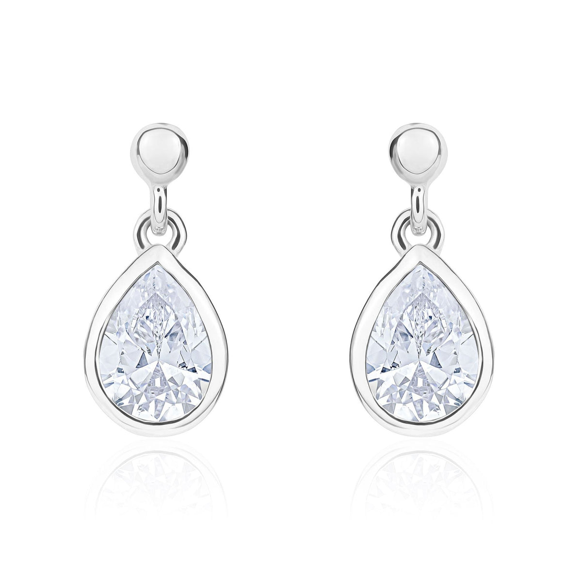 9ct White Gold Pear Shaped Cubic Zirconia CZ Rubover Drop Earrings — 7x5mm