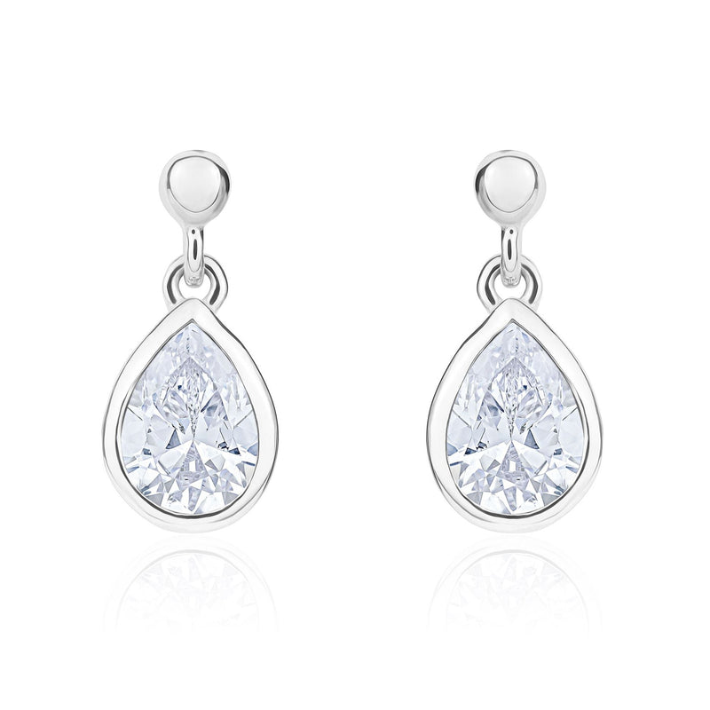 9ct White Gold Pear Shaped Cubic Zirconia CZ Rubover Drop Earrings — 7x5mm