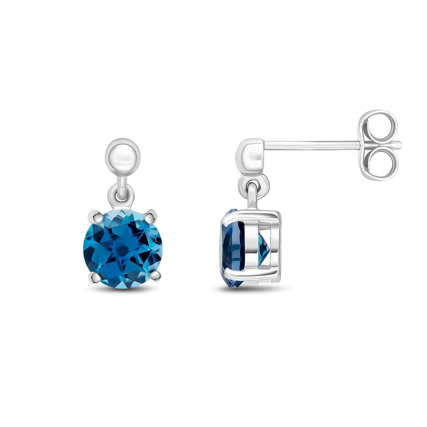 9ct White Gold Round Natural London Blue Topaz Claw Drop Earrings with Bead Tops — 6mm
