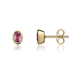 9ct Yellow Gold Oval Natural Pink Sapphire Rubover Stud Earrings — 5x3mm