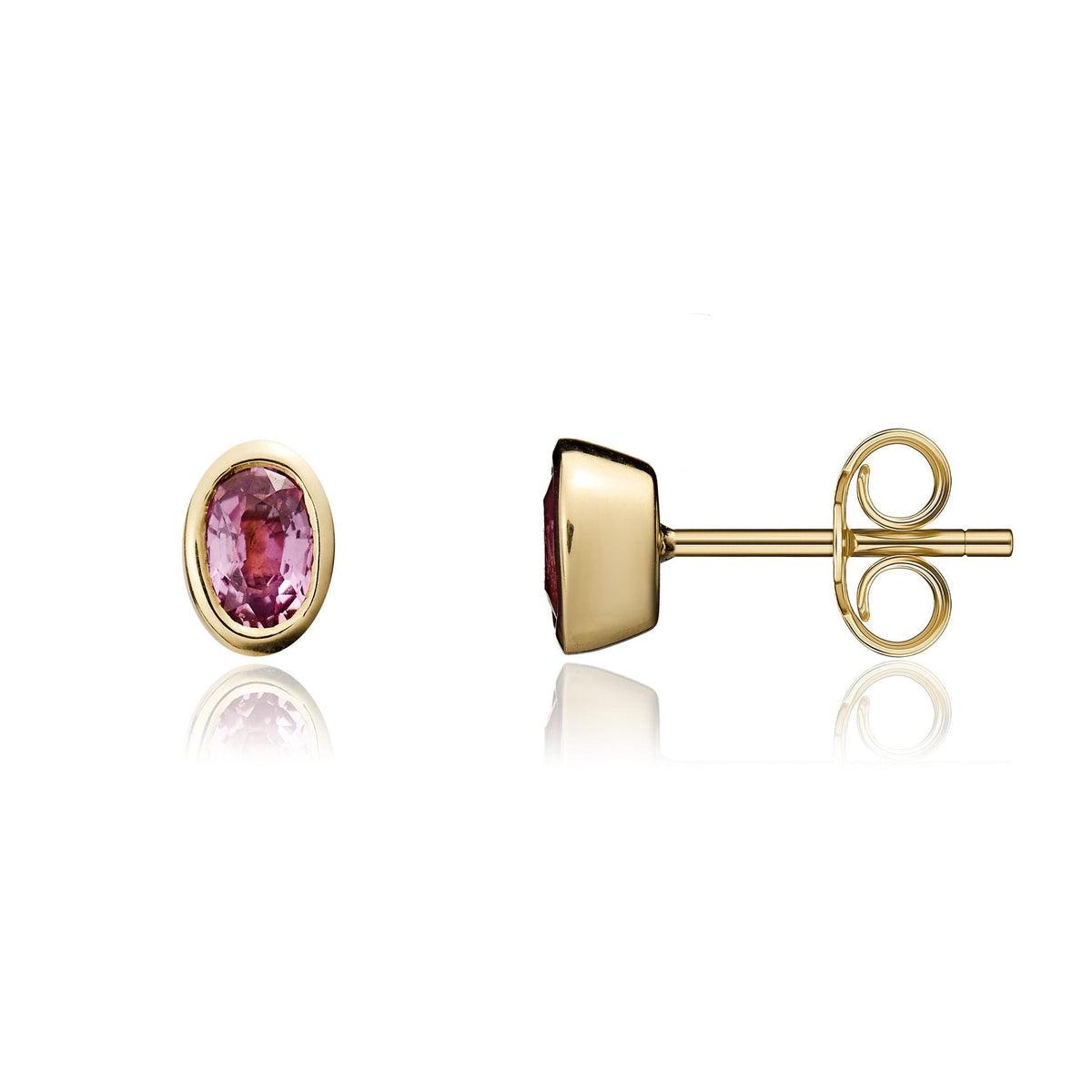 9ct Yellow Gold Oval Natural Pink Sapphire Rubover Stud Earrings — 5x3mm