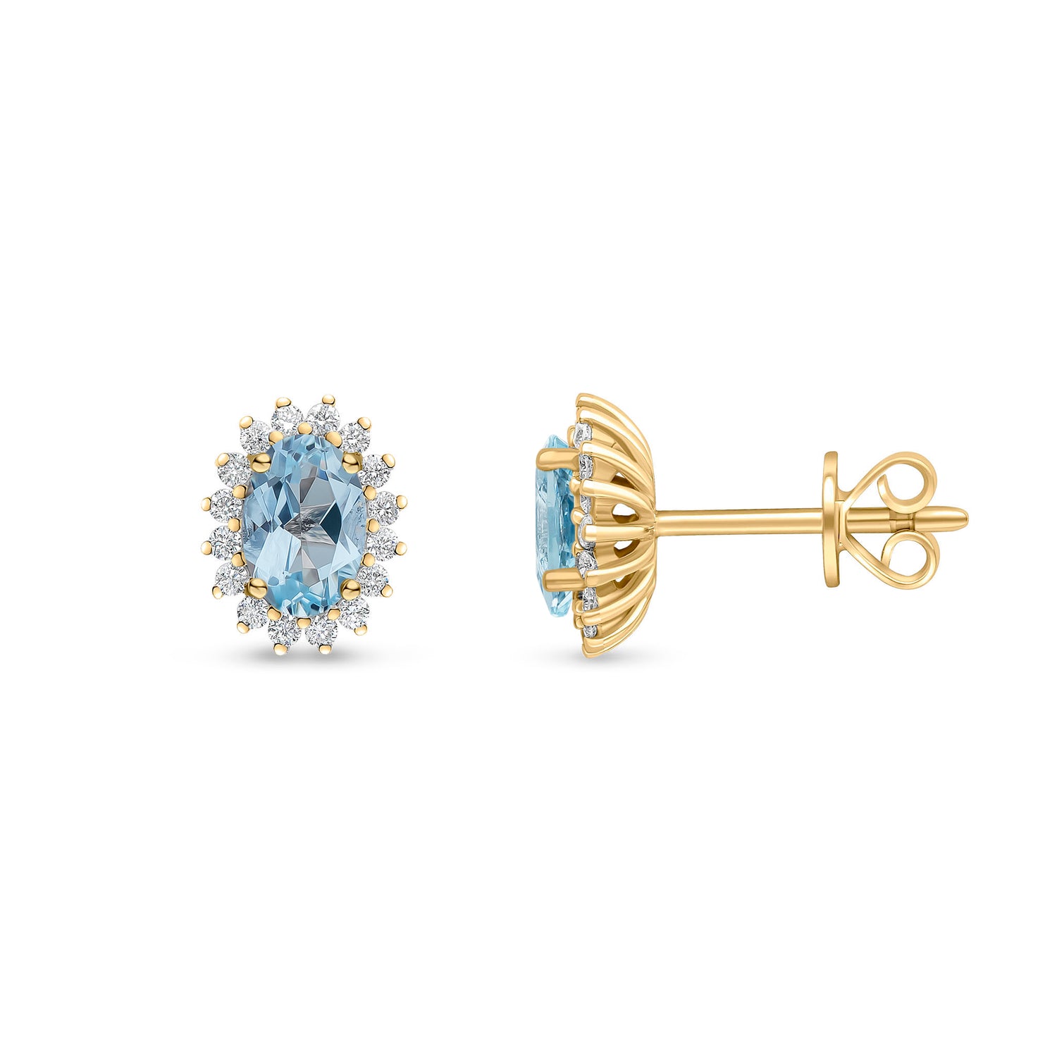 18ct Yellow Gold Oval Natural Aquamarine and Round Diamond Claw Set Cluster Stud Earrings — 6x4mm