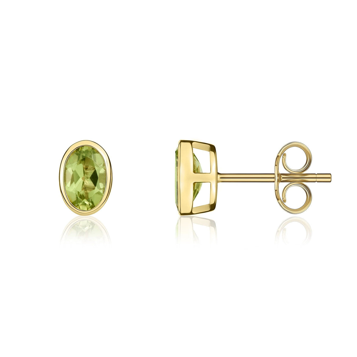 9ct Yellow Gold Oval Natural Peridot Rubover Stud Earrings — 6x4mm