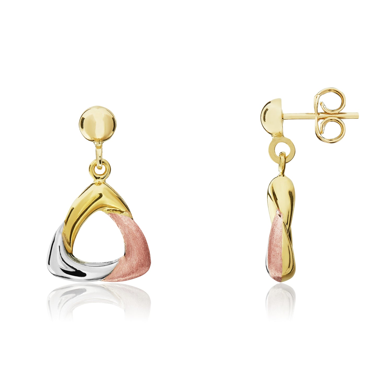 9ct Three Tone Yellow, White And Rose Gold Polished and Satin Open Triangle Drop Earrings – 19x11mm