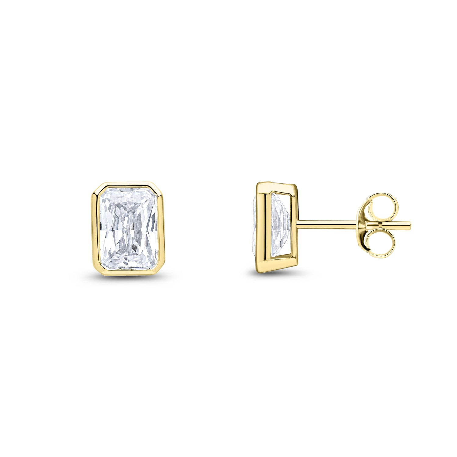 9ct Yellow Gold Octagonal Emerald Cut Cubic Zirconia CZ Rubover Stud Earrings — 7x5mm