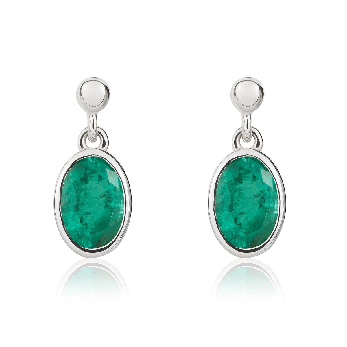 9ct White Gold Oval Natural Emerald Rubover Drop Earrings — 7x5mm