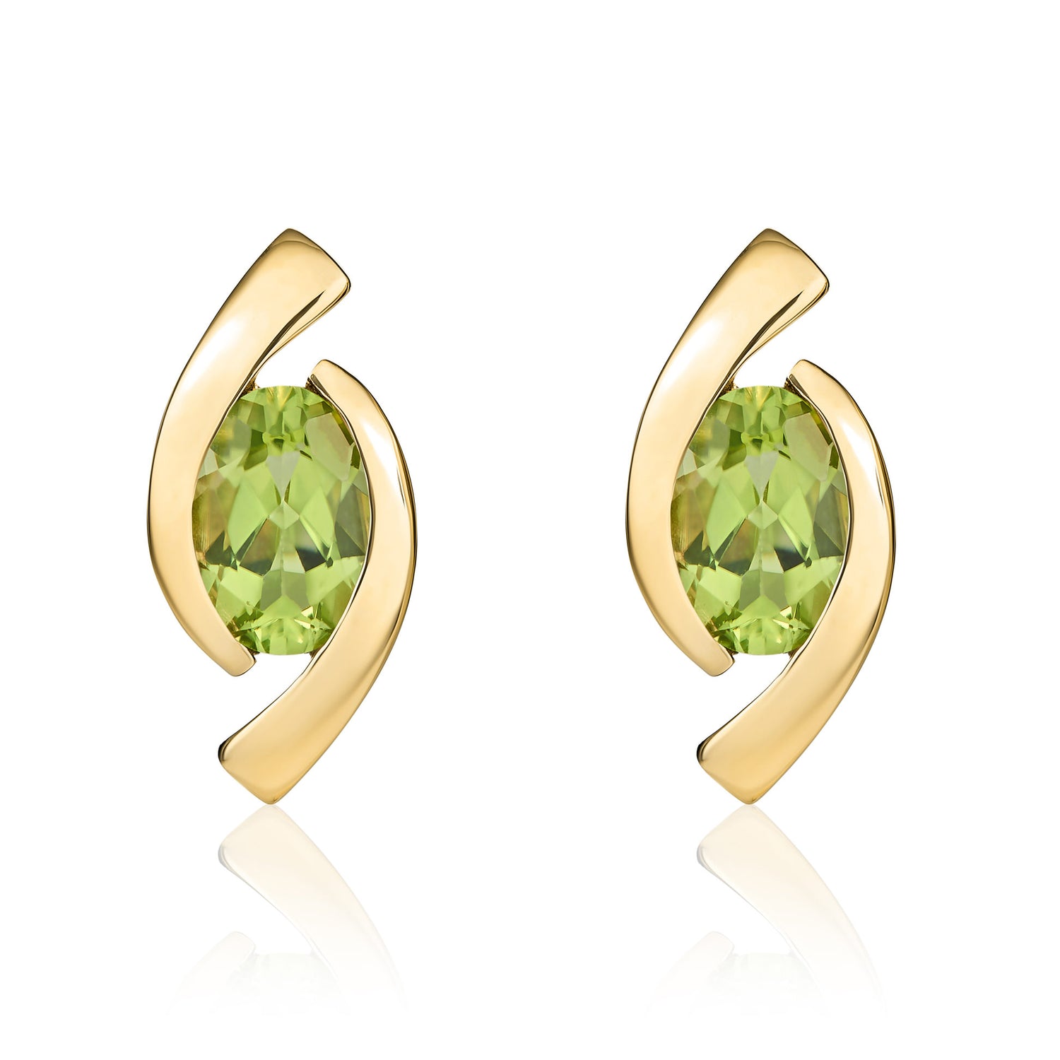 9ct Yellow Gold Oval Natural Peridot 'Eye' Stud Earrings — 6x4mm