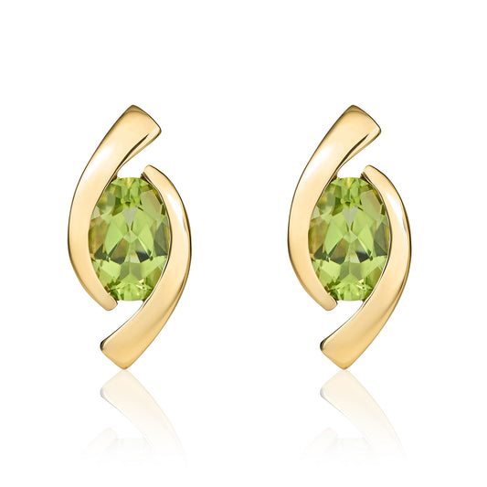 9ct Yellow Gold Oval Natural Peridot 'Eye' Stud Earrings — 6x4mm