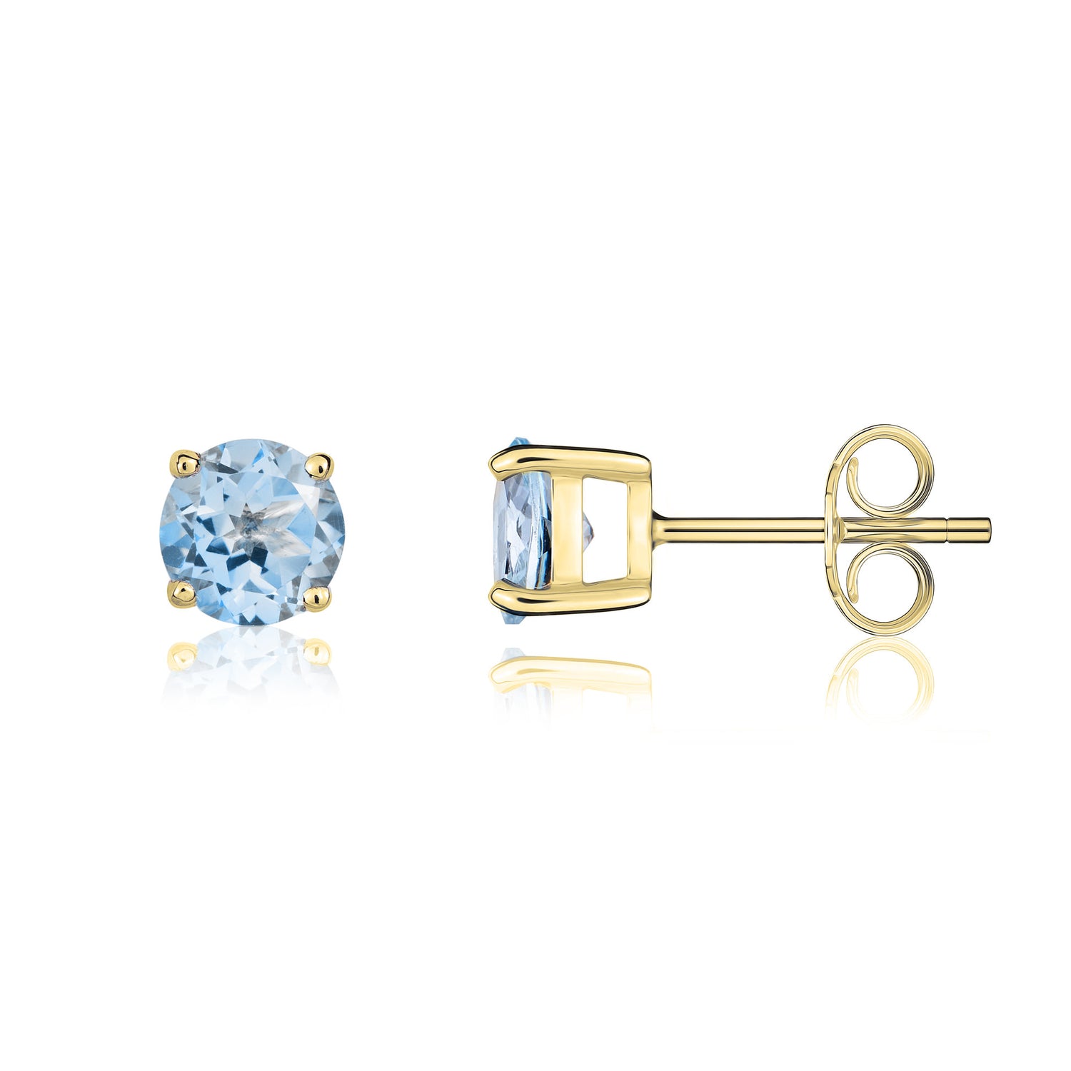 9ct Yellow Gold Round Natural Aquamarine Claw Set Stud Earrings — 5mm