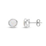 9ct White Gold Round Natural Opal Rubover Stud Earrings — 6mm