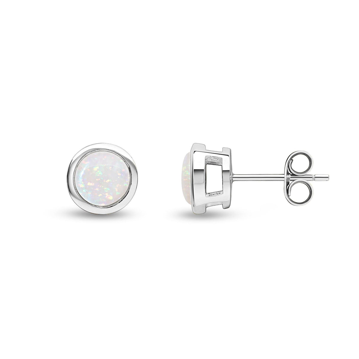 9ct White Gold Round Natural Opal Rubover Stud Earrings — 6mm