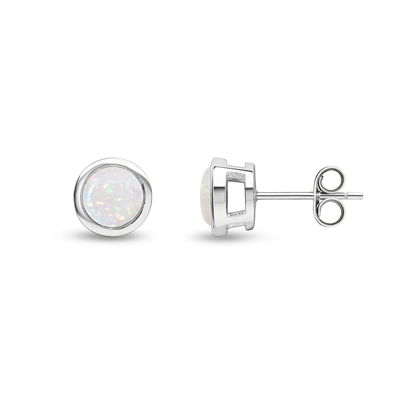 9ct White Gold Round Natural Opal Rubover Stud Earrings — 6mm