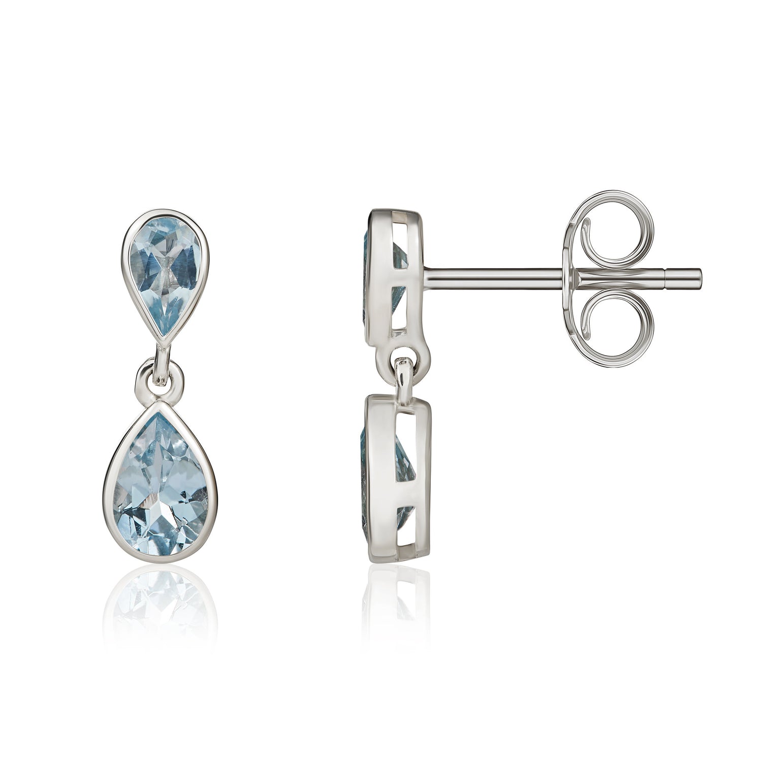 9ct White Gold Pear Shaped Natural London Aquamarine Two Stone Rubover Drop Earrings