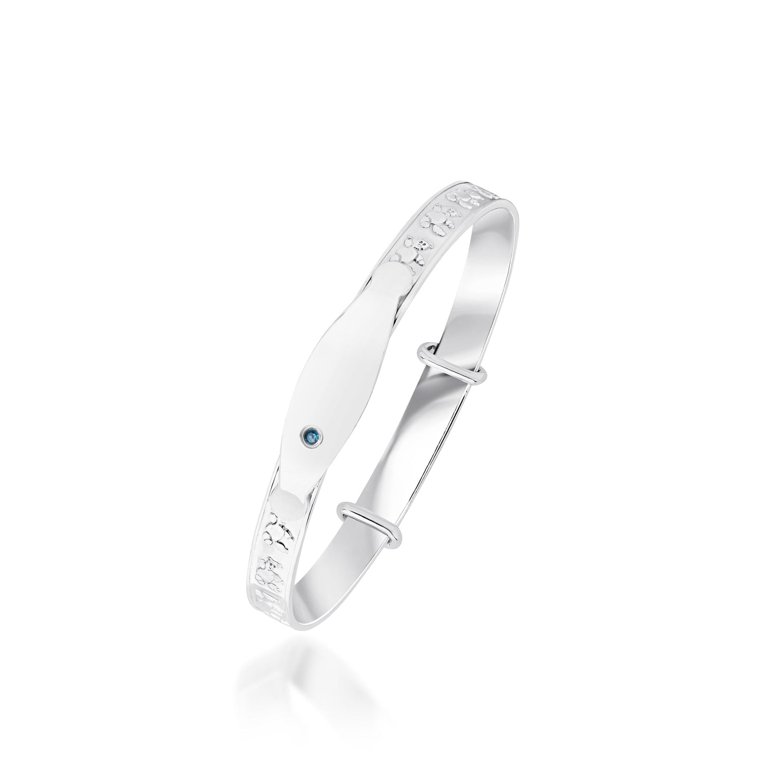 Sterling Silver Teddy Bear Baby Bangle with Blue Cubic Zirconia