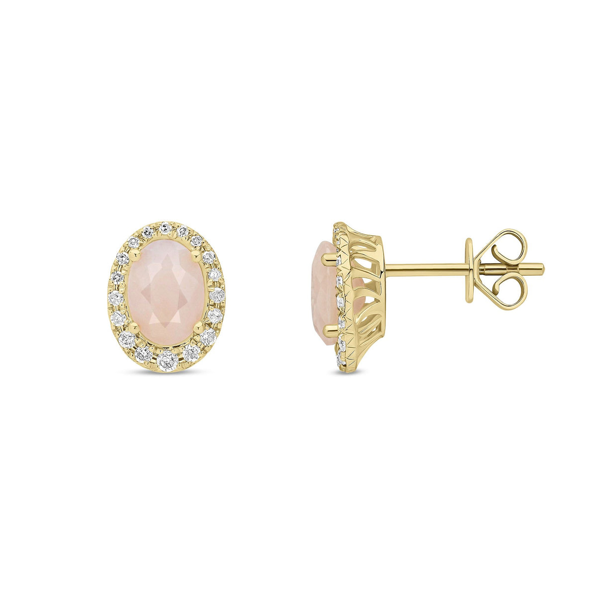 9ct Yellow Gold Natural Pink Opal and Diamond Cluster Stud Earrings