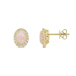 9ct Yellow Gold Oval Natural Pink Opal & Diamond Cluster Stud Earrings — 7x5mm