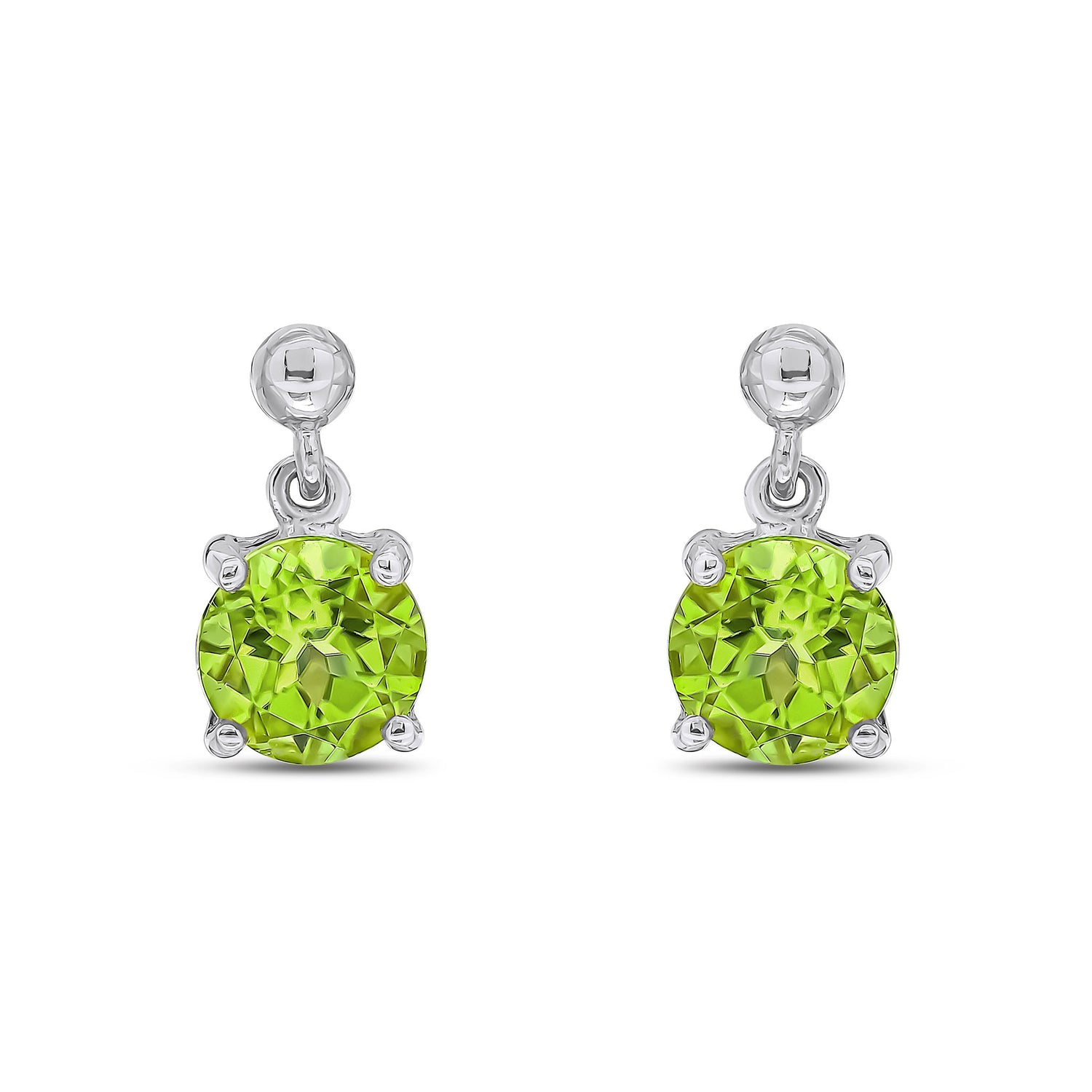 9ct White Gold Round Natural Peridot Claw Drop Earrings — 6mm
