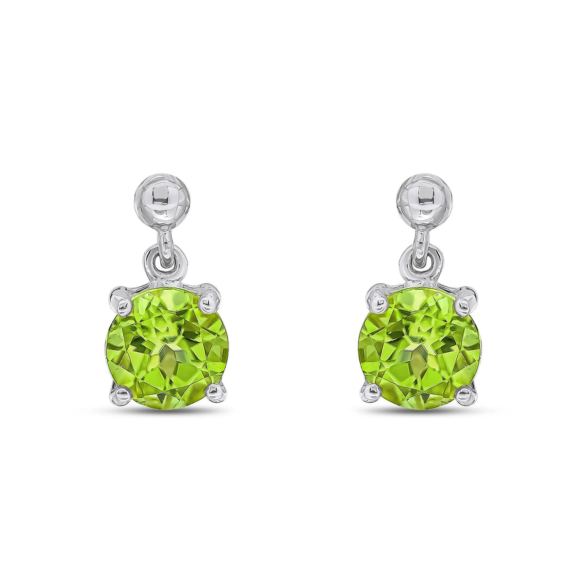 9ct White Gold Round Natural Peridot Claw Drop Earrings with Bead Top — 6mm