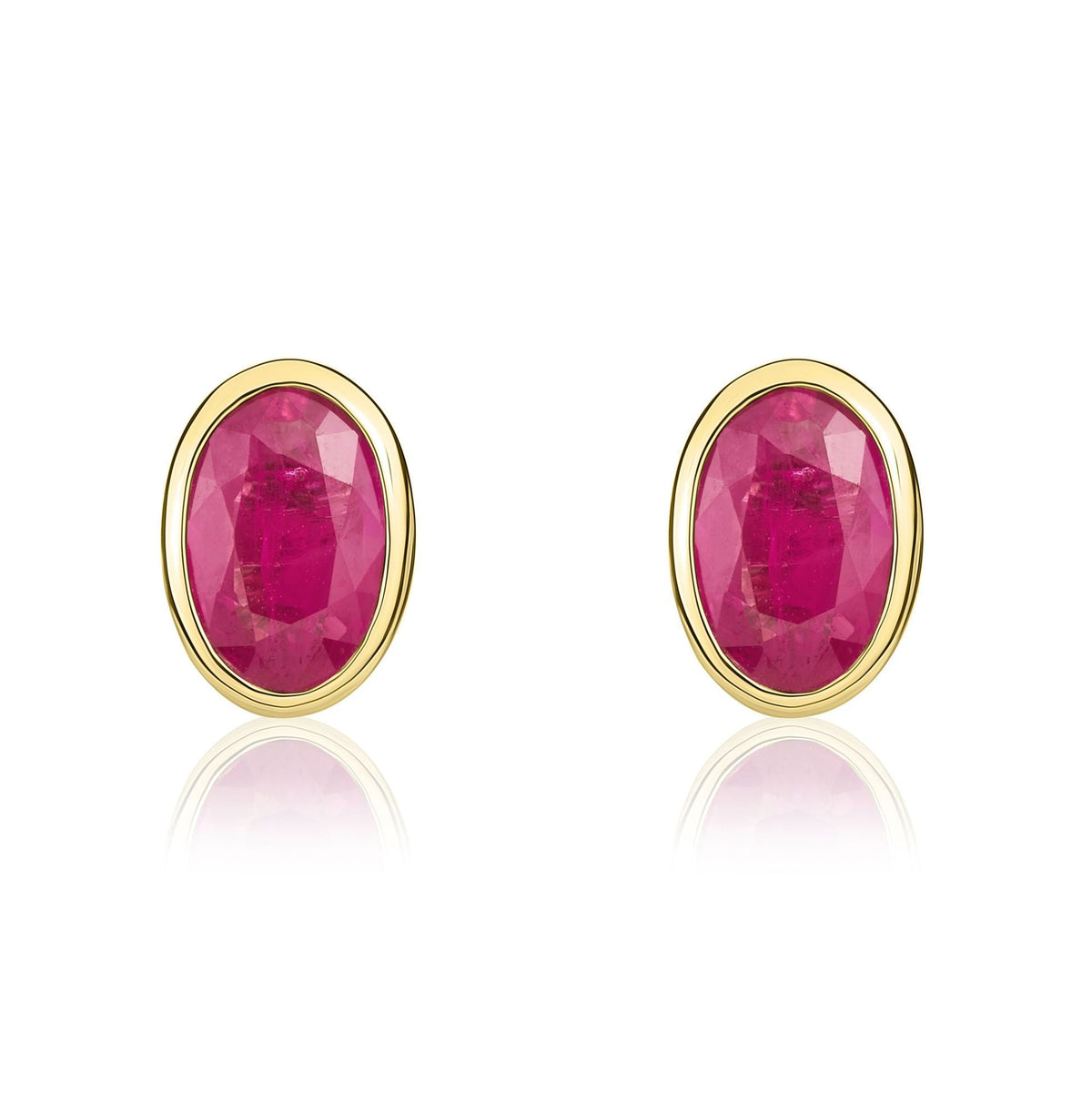 9ct Yellow Gold Oval Natural Ruby Rubover Stud Earrings — 6x4mm