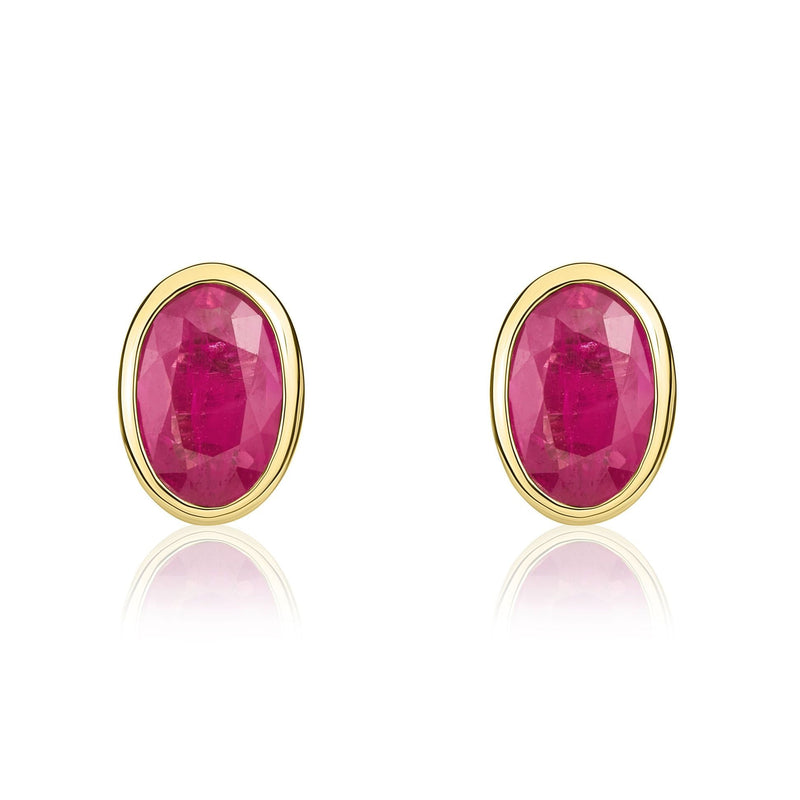 9ct Yellow Gold Oval Natural Ruby Rubover Stud Earrings — 6x4mm