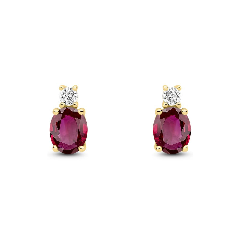 18ct Yellow Gold Oval Natural Ruby and Round Diamond Two Stone Stud Earrings — 5x4mm