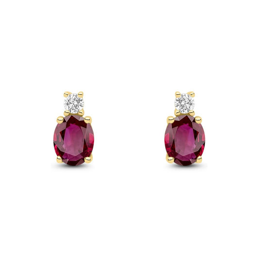 18ct Yellow Gold Oval Natural Ruby and Round Diamond Two Stone Stud Earrings — 5x4mm