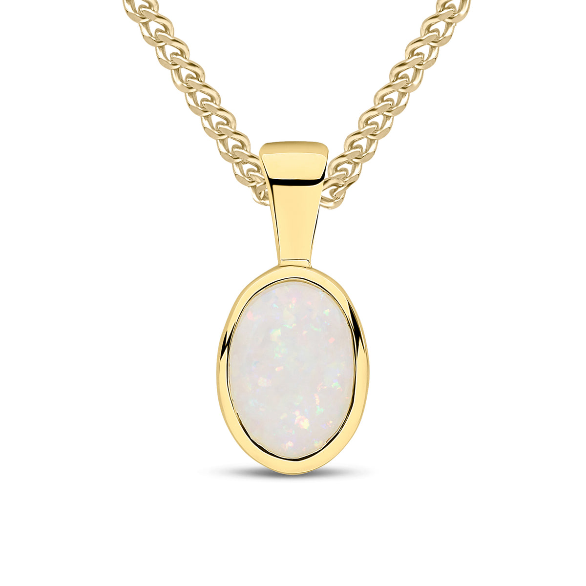 9ct Yellow Gold Oval Natural Opal Rubover Pendant — 7x5mm