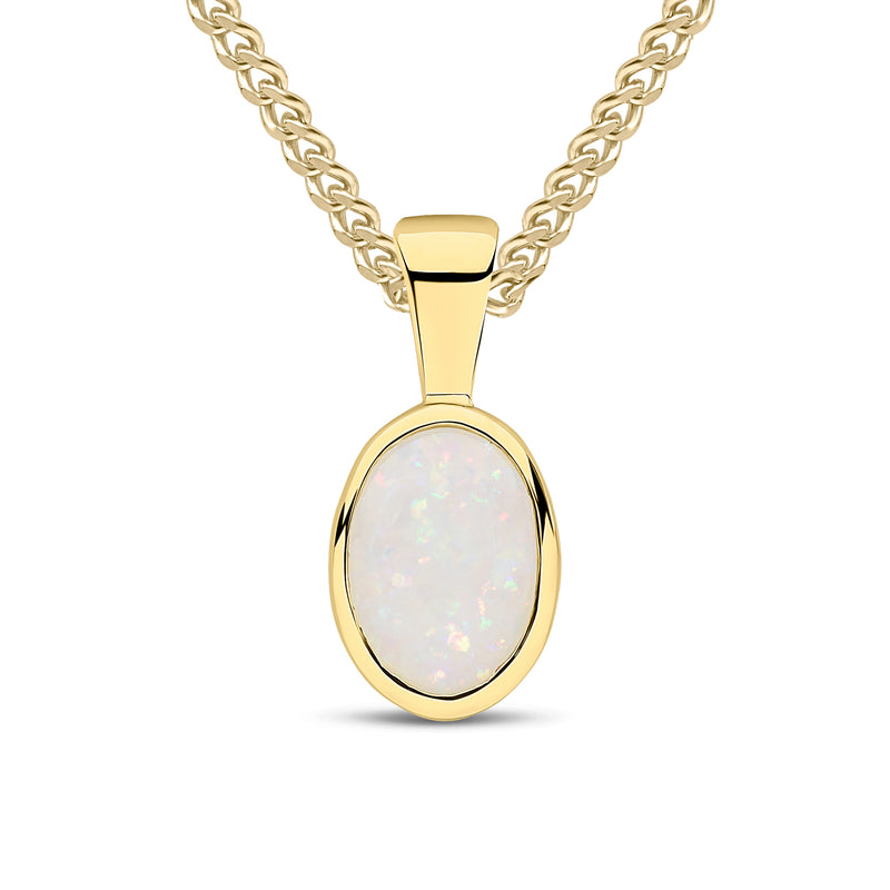 9ct Yellow Gold Oval Natural Opal Rubover Pendant — 7x5mm