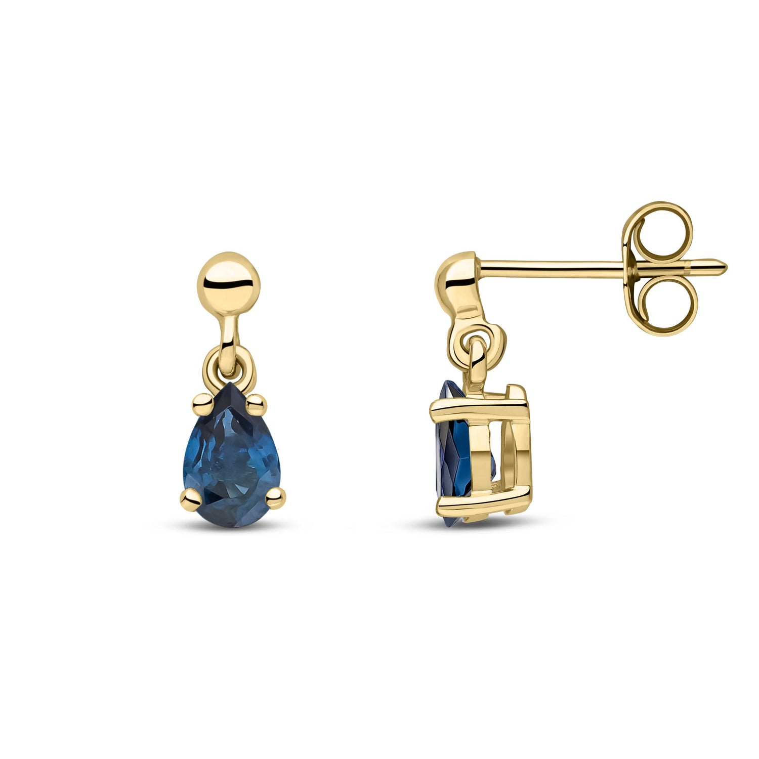 9ct Yellow Gold Pear Shaped Natural Sapphire Claw Drop Earrings with Bead Tops — 6x4mm