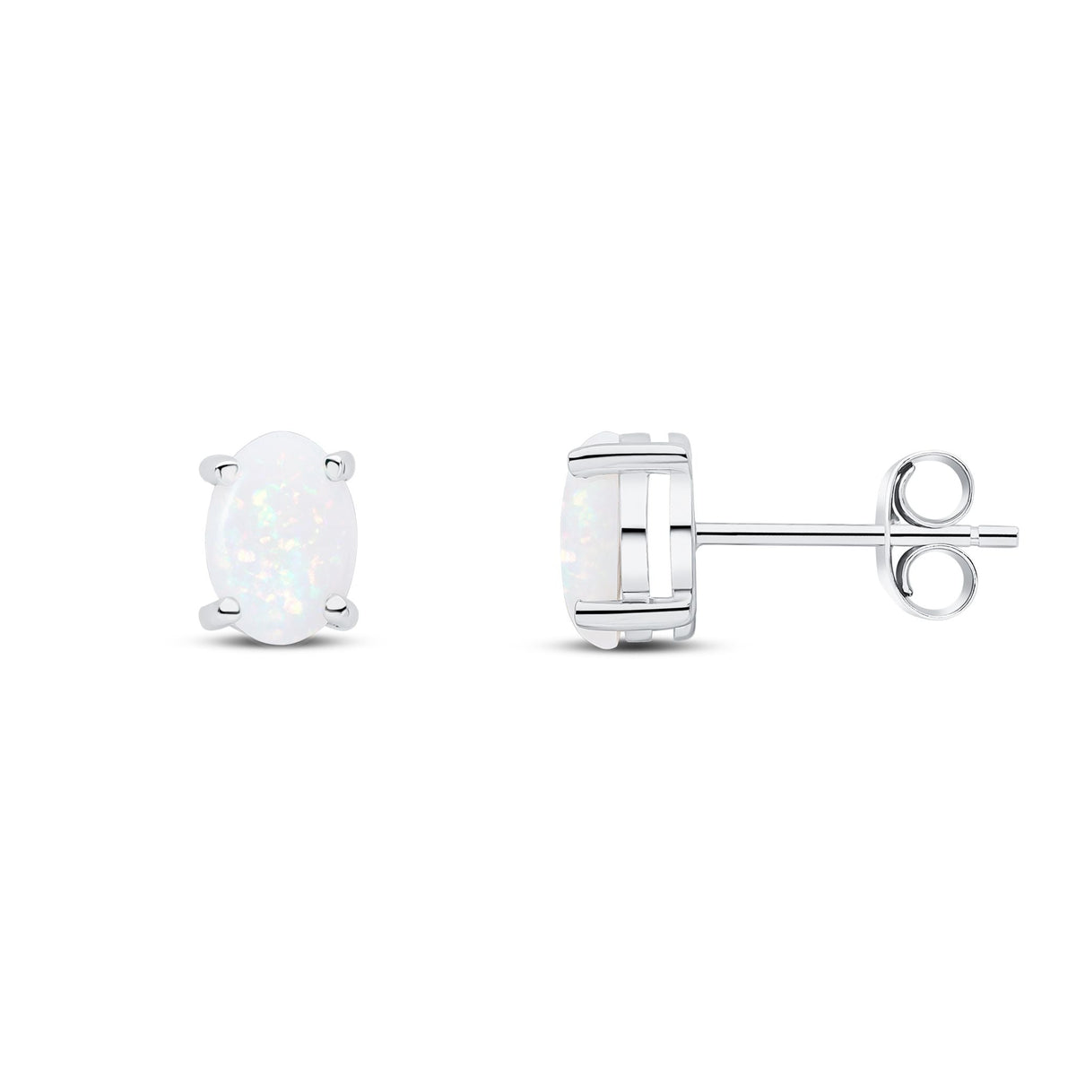9ct White Gold Oval Natural Opal Claw Stud Earrings — 7x5mm
