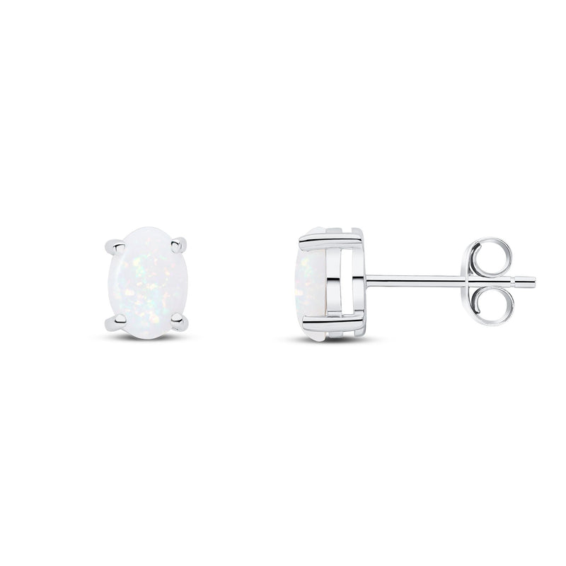 9ct White Gold Oval Natural Opal Claw Stud Earrings — 7x5mm