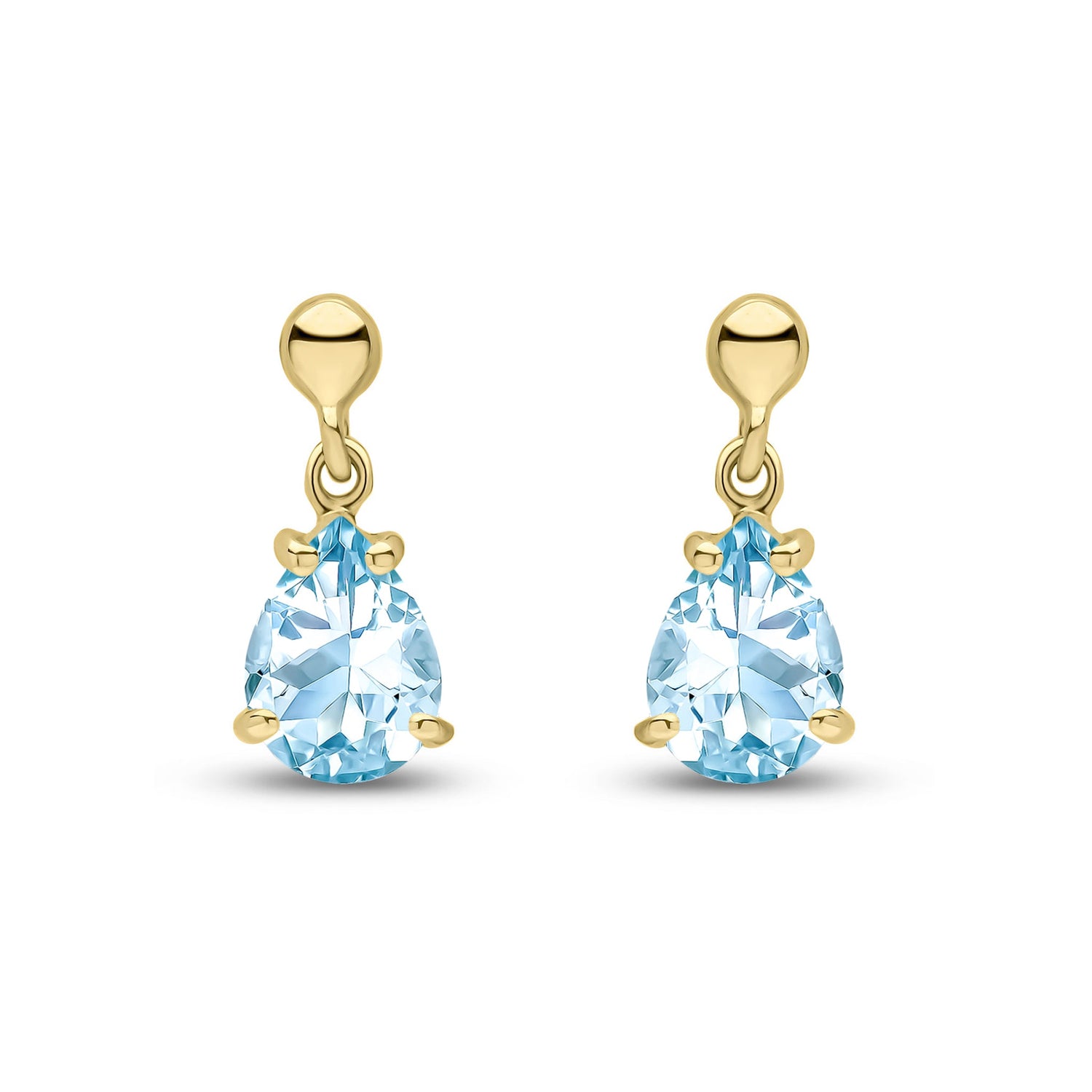 9ct Yellow Gold Pear Shaped Natural Aquamarine Claw Drop Earrings with Bead Tops — 7x5mm