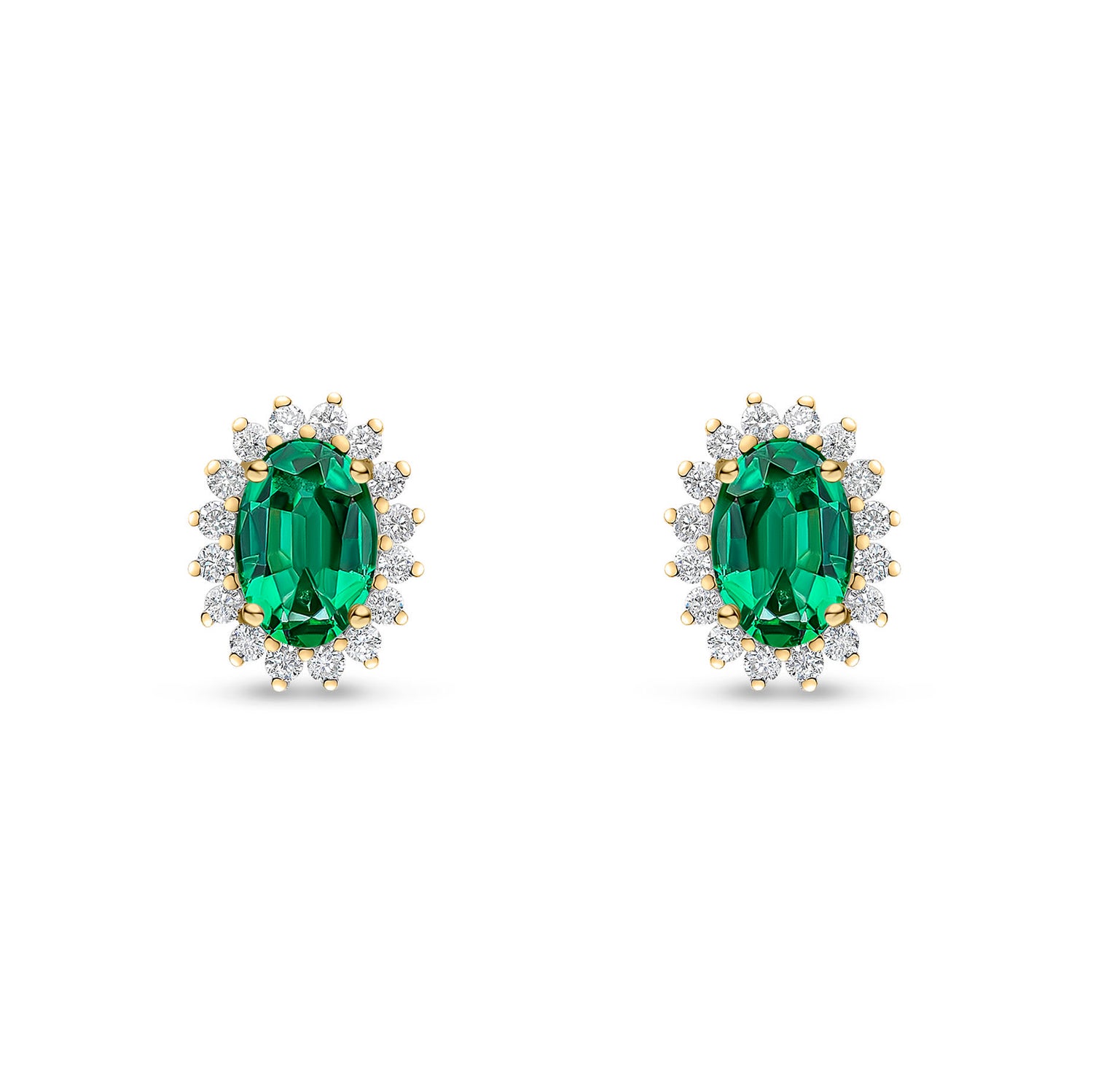 18ct Yellow Gold Oval Natural Emerald and Round Diamond Claw Set Cluster Stud Earrings — 6x4mm