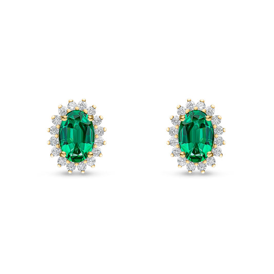 18ct Yellow Gold Oval Natural Emerald and Round Diamond Claw Set Cluster Stud Earrings — 6x4mm
