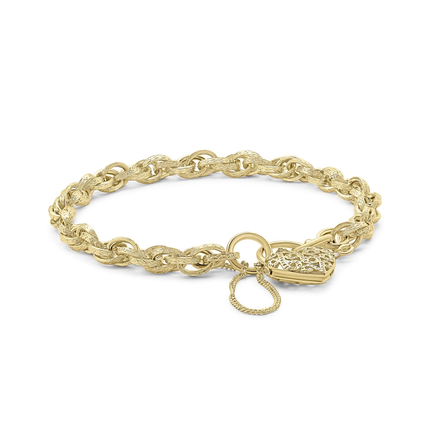 9ct Yellow Gold Padlock Charm Bracelet with Safety Chain — 19cm
