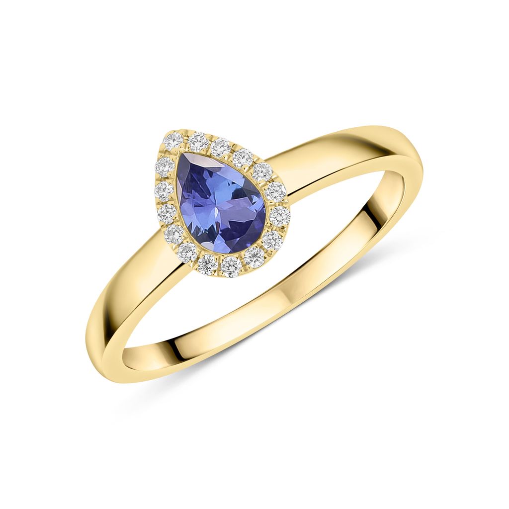 18ct Yellow Gold Pear Shape Tanzanite and Diamond Microset Cluster Ring — 6x4mm