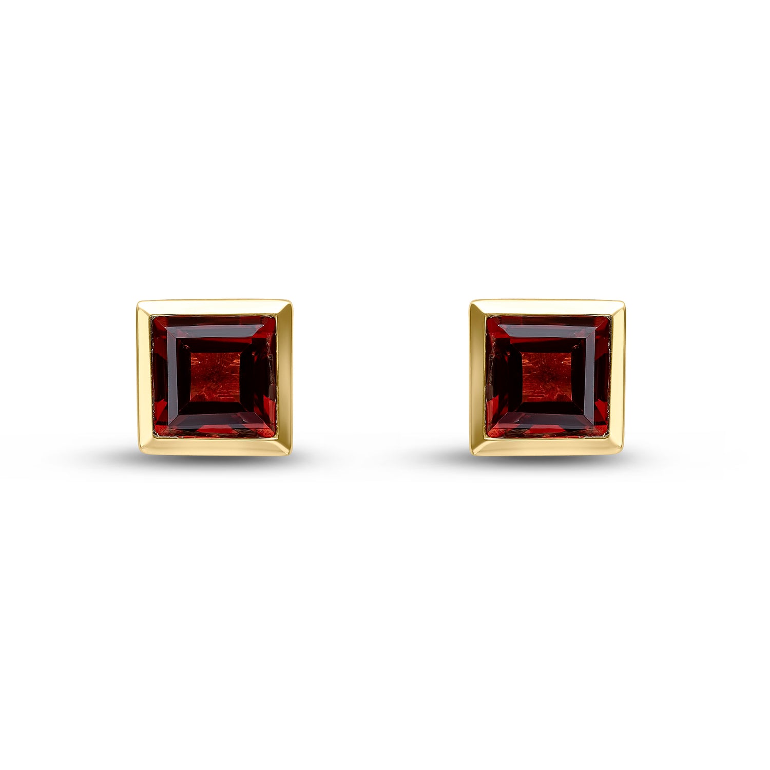 9ct Yellow Gold Square Natural Garnet Rubover Stud Earrings — 5mm
