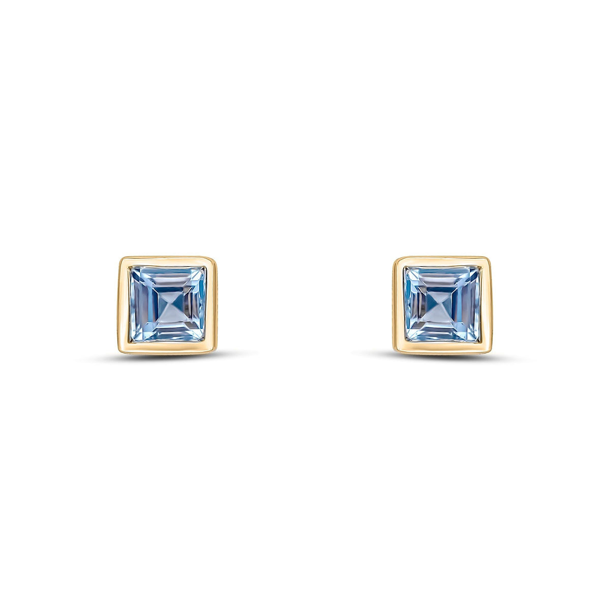 9ct Yellow Gold Square Natural Aquamarine Rubover Stud Earrings — 3mm