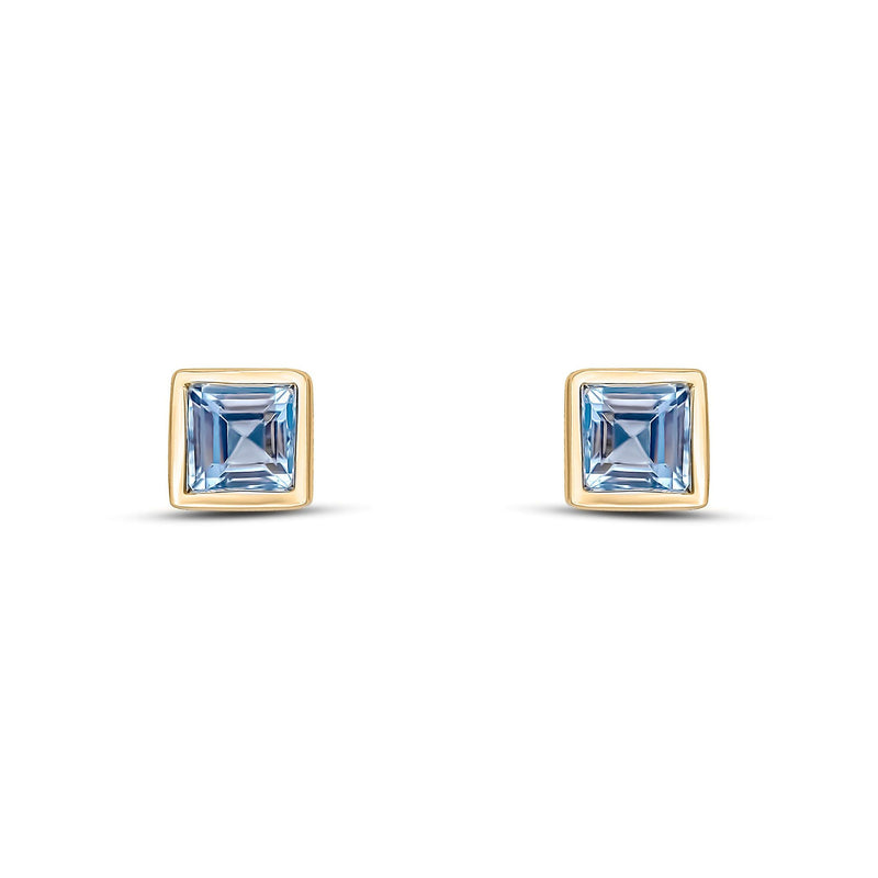 9ct Yellow Gold Square Natural Aquamarine Rubover Stud Earrings — 3mm