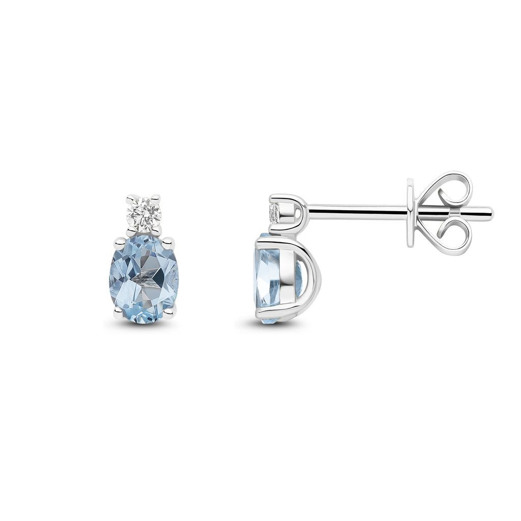 18ct White Gold Oval Natural Aquamarine and Round Diamond Two Stone Stud Earrings — 5x4mm