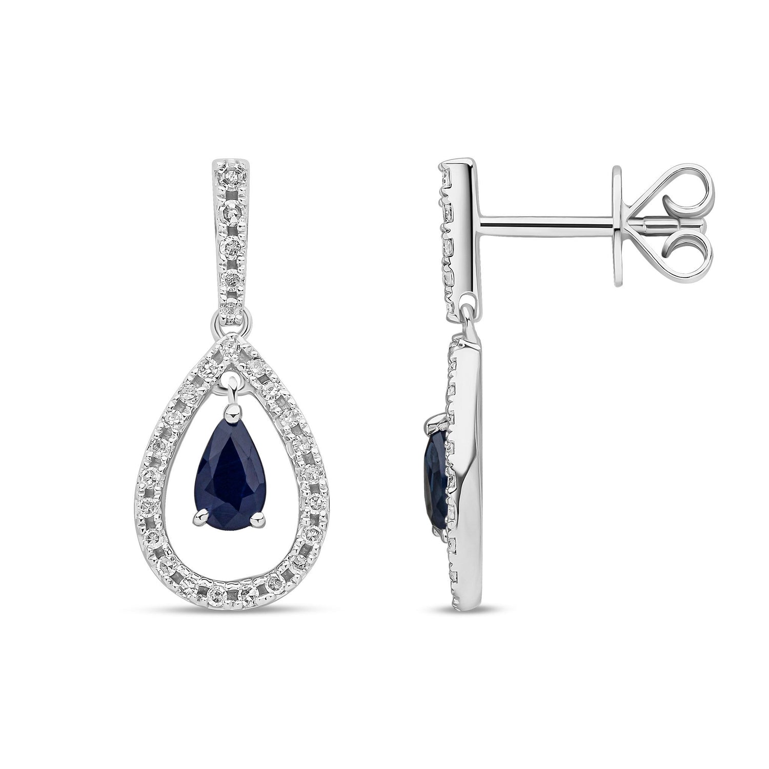 18ct White Gold Natural Sapphire and Diamond Teardrop Drop Earrings