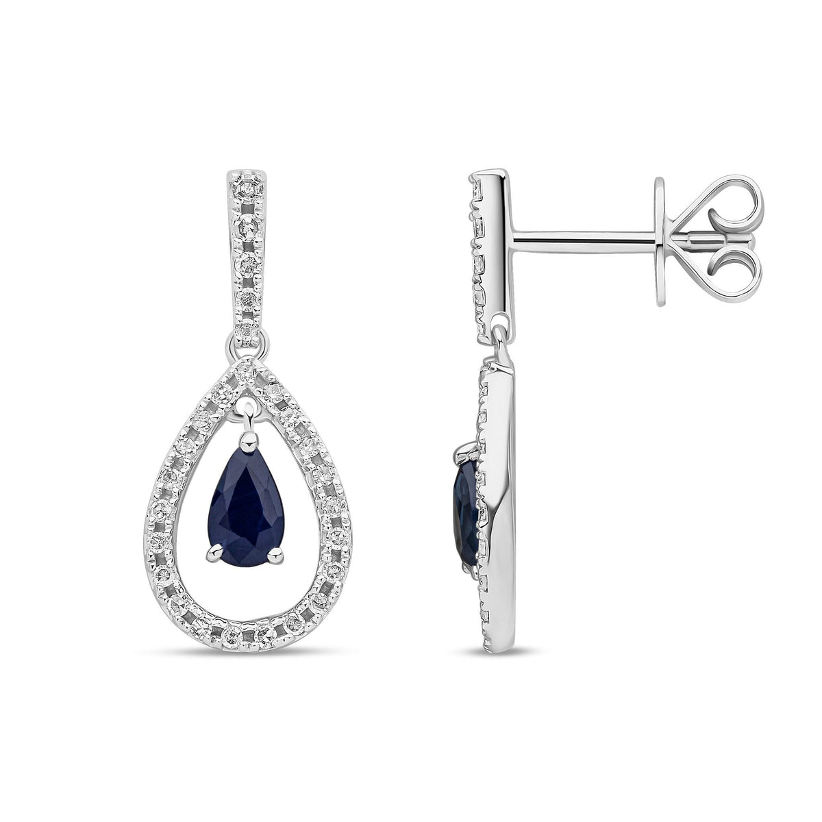 18ct White Gold Pear Shaped Natural Sapphire & Diamond Open Teardrop Drop Earrings