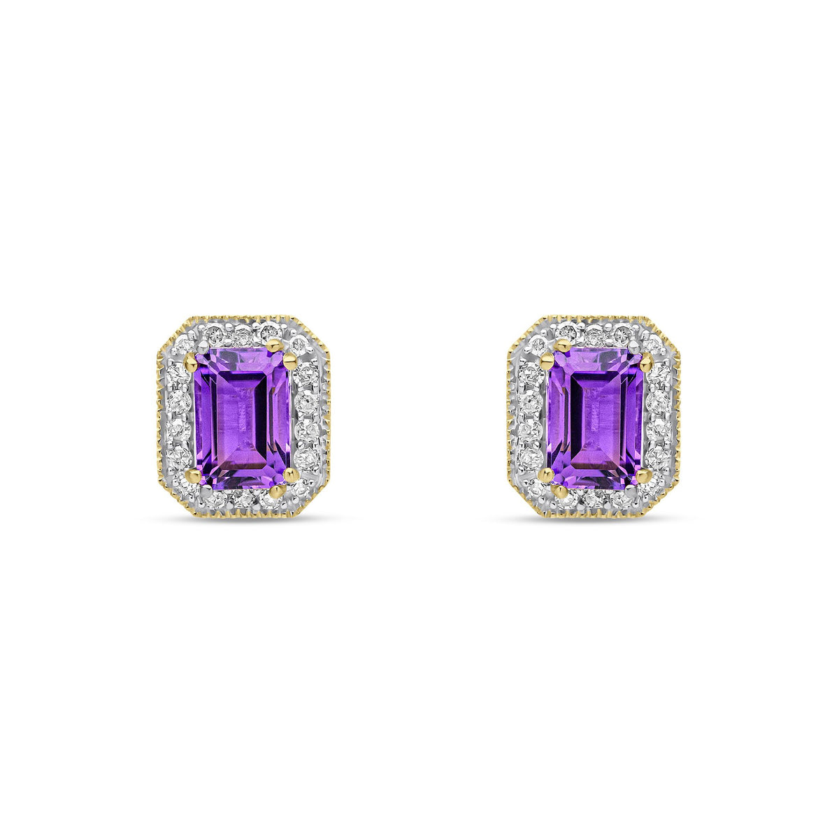 9ct Yellow Gold Natural Amethyst and Diamond Octagon Stud Earrings
