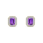 9ct Yellow Gold Octagonal Natural Amethyst & Diamond Halo Stud Earrings — 6x4mm