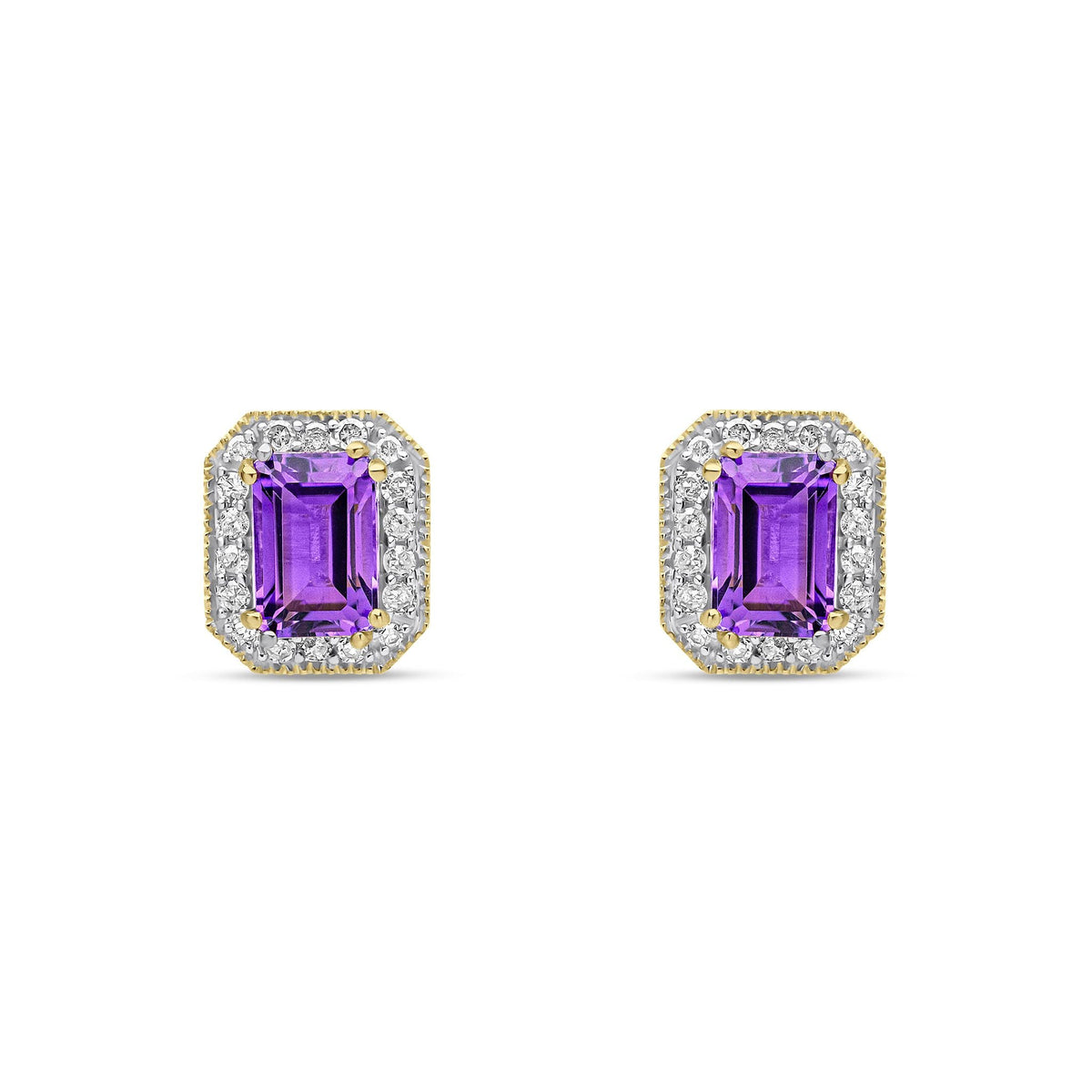 9ct Yellow Gold Octagonal Natural Amethyst & Diamond Halo Stud Earrings — 6x4mm