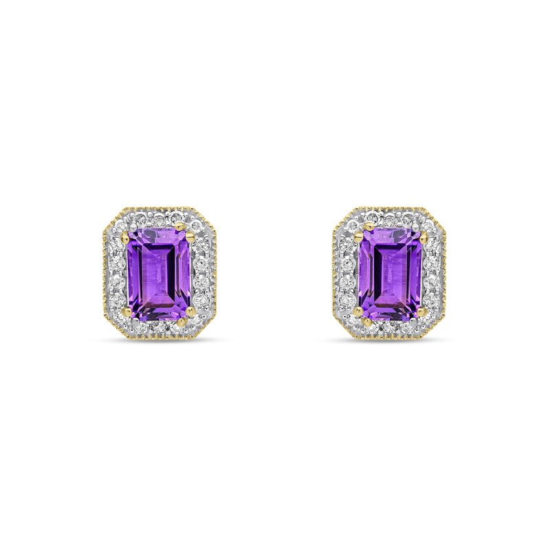 9ct Yellow Gold Octagonal Natural Amethyst & Diamond Halo Stud Earrings — 6x4mm