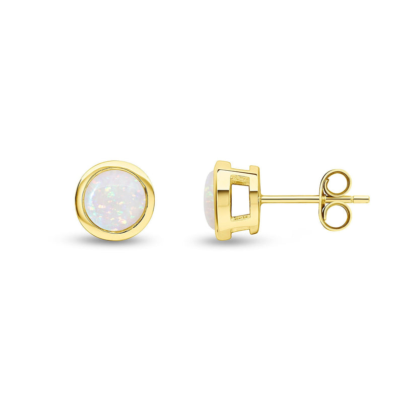 9ct Yellow Gold Round Natural Opal Rubover Stud Earrings — 6mm